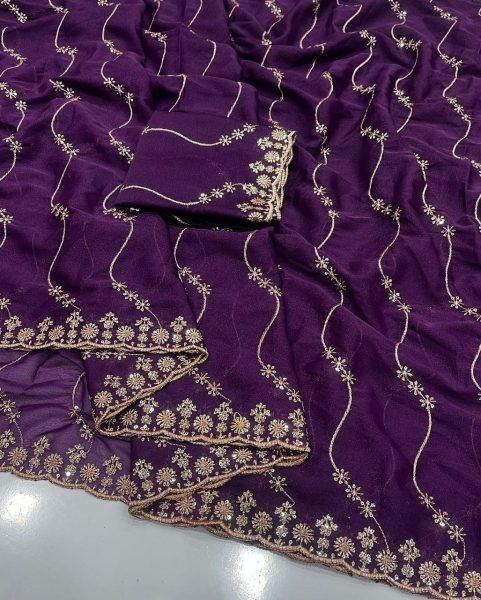 Graceful Wine Embroidered Georgette Bollywood-Style Saree For Festive Embroidery Sarees Wholesale
