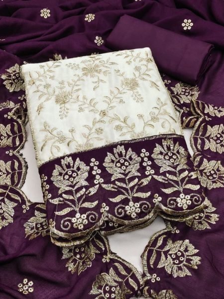 Graceful Wine White Premium Embroidered Vichitra Silk Suit for Modern Women 