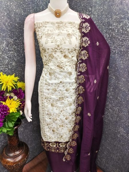 Graceful Wine White Premium Embroidered Vichitra Silk Suit for Modern Women Color Set Matching Dress Material Wholesale