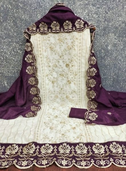 Graceful Wine White Premium Embroidered Vichitra Silk Suit for Modern Women Color Set Matching Dress Material Wholesale
