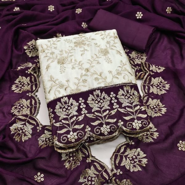 Graceful Wine White Premium Embroidered Vichitra Silk Suit for Modern Women Color Set Matching Dress Material Wholesale