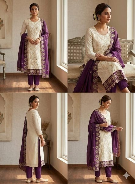 Graceful Wine White Premium Embroidered Vichitra Silk Suit for Modern Women Color Set Matching Dress Material Wholesale