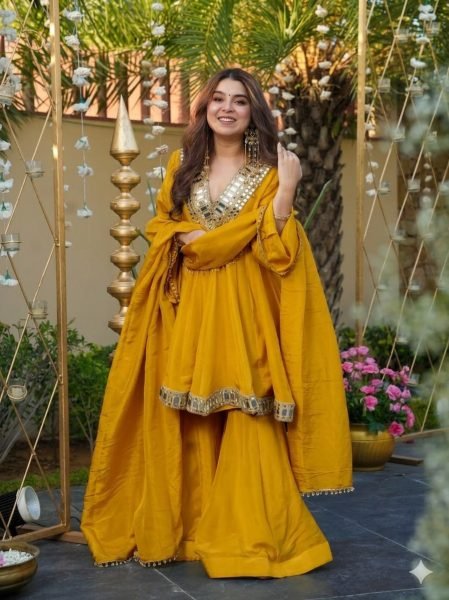 Graceful Yellow Chinnon Silk Mirror Work Palazzo Suit with Dupatta for Women Ready To Wear Collection