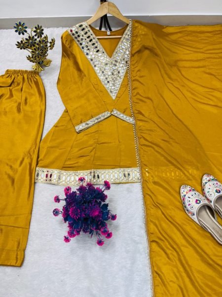 Graceful Yellow Chinnon Silk Mirror Work Palazzo Suit with Dupatta for Women Ready To Wear Collection