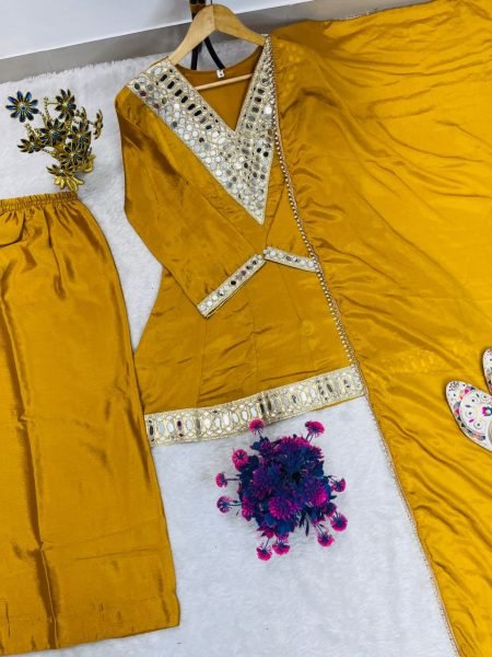 Graceful Yellow Chinnon Silk Mirror Work Palazzo Suit with Dupatta for Women Ready To Wear Collection