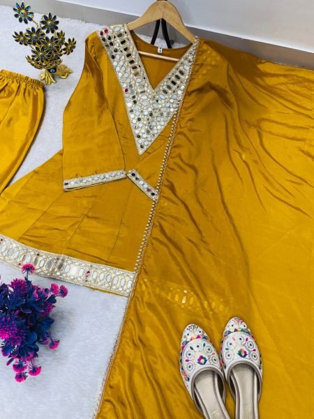Graceful Yellow Chinnon Silk Mirror Work Palazzo Suit with Dupatta for Women Ready To Wear Collection