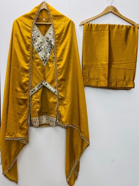 Graceful Yellow Chinnon Silk Mirror Work Palazzo Suit with Dupatta for Women Ready To Wear Collection