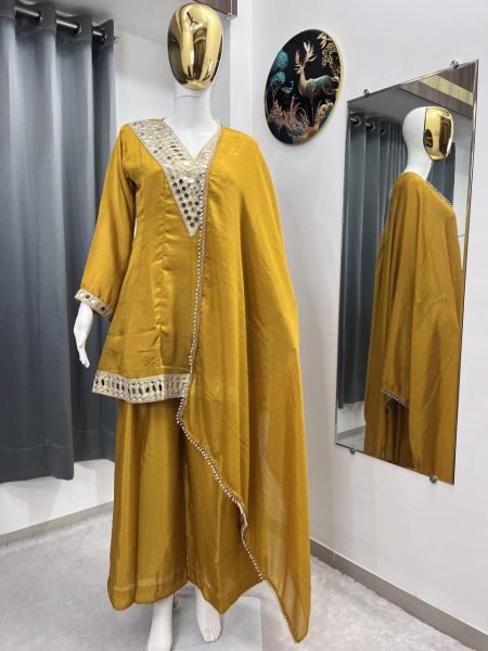Graceful Yellow Chinnon Silk Mirror Work Palazzo Suit with Dupatta for Women Ready To Wear Collection