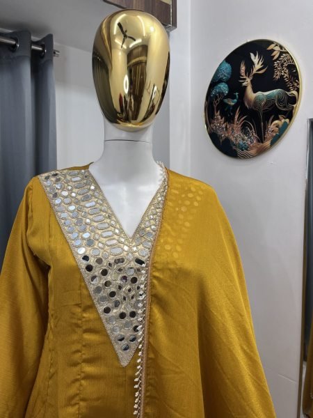 Graceful Yellow Chinnon Silk Mirror Work Palazzo Suit with Dupatta for Women Ready To Wear Collection
