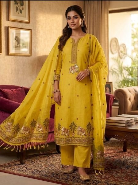 Graceful Yellow Jamdani Pichwai Weaving Suit Material Collection with Muga Cotton Fabric Dress Material 