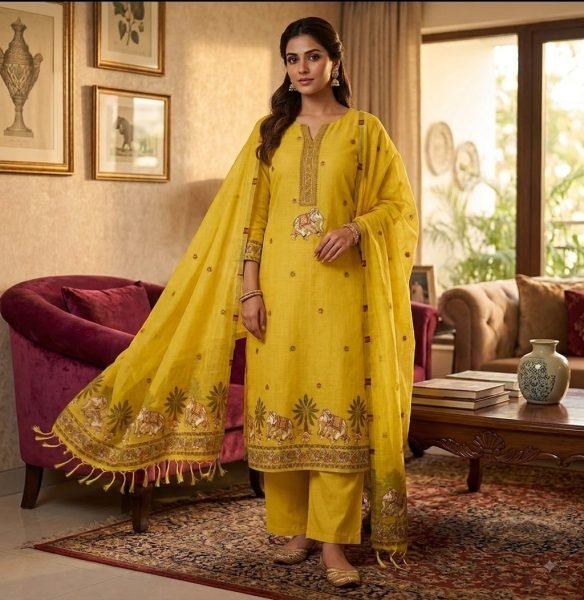 Graceful Yellow Jamdani Pichwai Weaving Suit Material Collection with Muga Cotton Fabric Color Set Matching Dress Material Wholesale