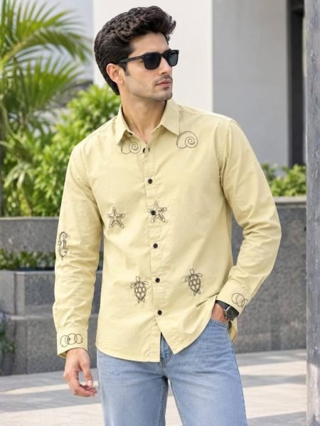 Graceful Yellow Men Cotton Shirt with Embroidery Work for Office Wear 