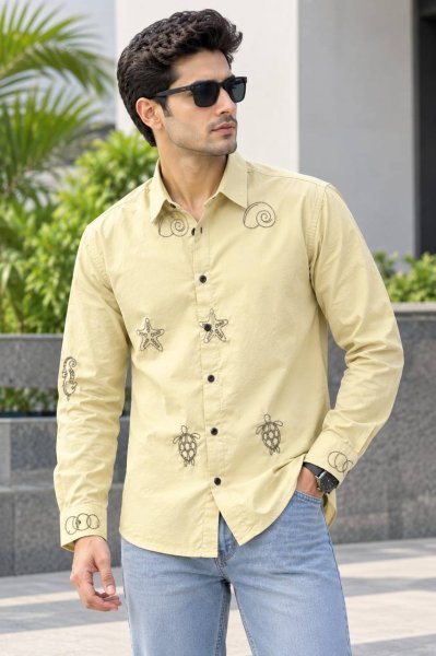 Graceful Yellow Men Cotton Shirt with Embroidery Work for Office Wear Mens Shirt