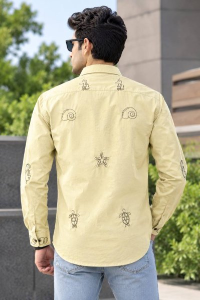 Graceful Yellow Men Cotton Shirt with Embroidery Work for Office Wear Mens Shirt