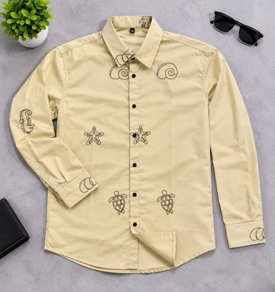 Graceful Yellow Men Cotton Shirt with Embroidery Work for Office Wear Mens Shirt