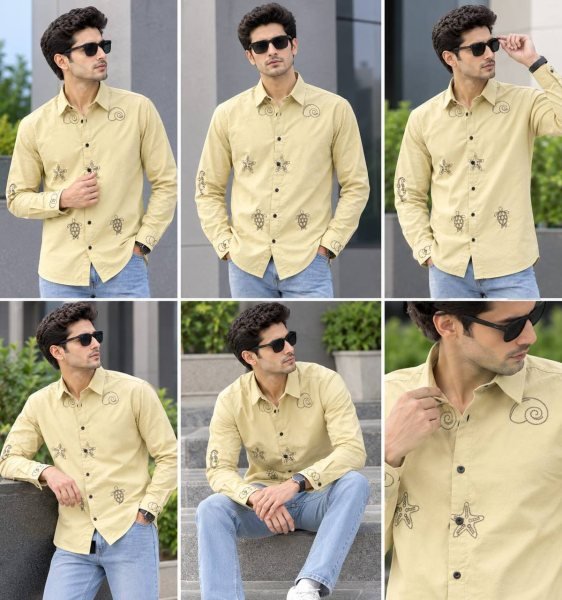 Graceful Yellow Men Cotton Shirt with Embroidery Work for Office Wear Mens Shirt