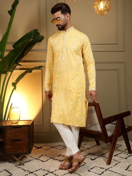 Graceful Yellow Men's Khadi Cotton Kurta Pyjama Set with Mirror Embroidery for Festival Collection 