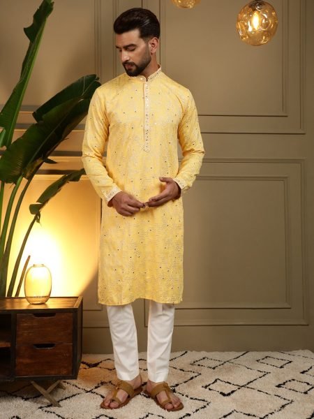 Graceful Yellow Men's Khadi Cotton Kurta Pyjama Set with Mirror Embroidery for Festival Collection Kurta Pajama Wholesale