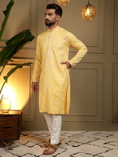 Graceful Yellow Men's Khadi Cotton Kurta Pyjama Set with Mirror Embroidery for Festival Collection Kurta Pajama Wholesale