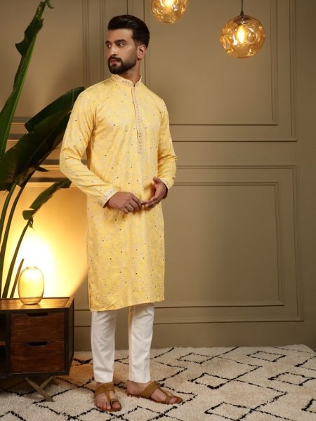 Graceful Yellow Men's Khadi Cotton Kurta Pyjama Set with Mirror Embroidery for Festival Collection Kurta Pajama Wholesale