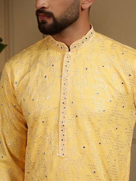 Graceful Yellow Men's Khadi Cotton Kurta Pyjama Set with Mirror Embroidery for Festival Collection Kurta Pajama Wholesale
