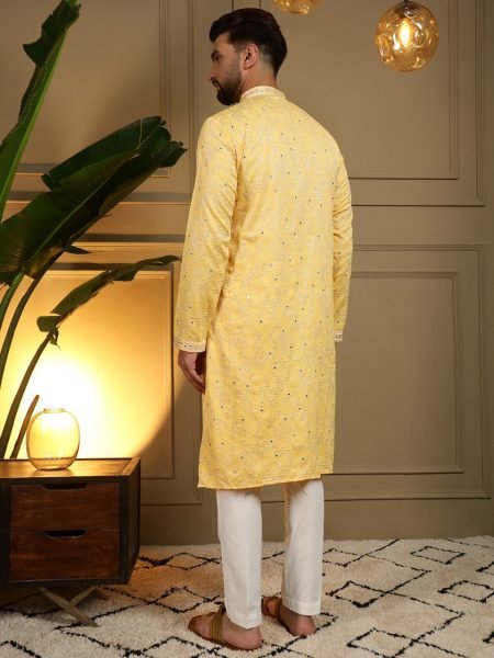 Graceful Yellow Men's Khadi Cotton Kurta Pyjama Set with Mirror Embroidery for Festival Collection Kurta Pajama Wholesale