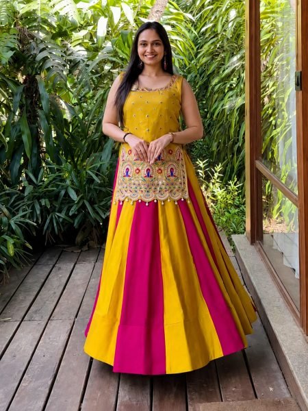 Graceful Yellow Pink Vichitra Silk Navratri Lehenga Choli with Embroidered Shrug  Lehenga