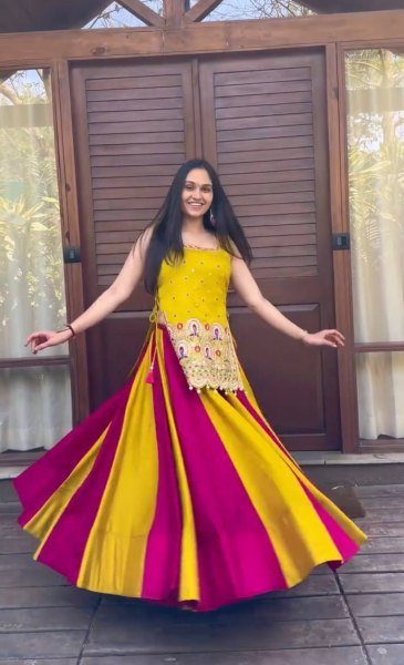 Graceful Yellow Pink Vichitra Silk Navratri Lehenga Choli with Embroidered Shrug Navratri Lehnega Choli