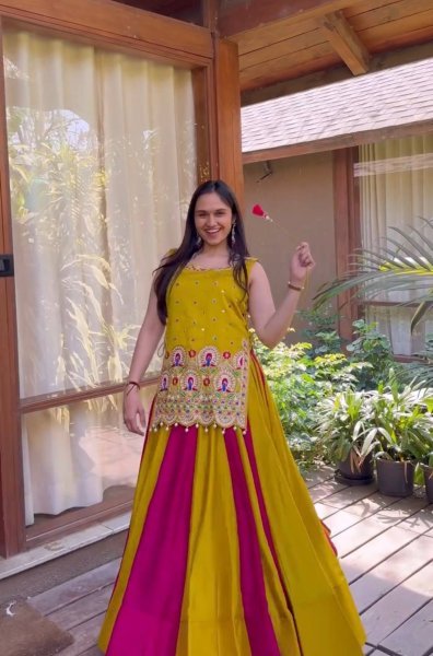Graceful Yellow Pink Vichitra Silk Navratri Lehenga Choli with Embroidered Shrug Navratri Lehnega Choli