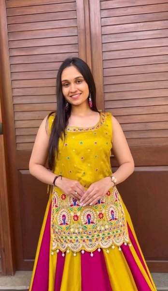Graceful Yellow Pink Vichitra Silk Navratri Lehenga Choli with Embroidered Shrug Navratri Lehnega Choli