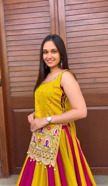 Graceful Yellow Pink Vichitra Silk Navratri Lehenga Choli with Embroidered Shrug Navratri Lehnega Choli