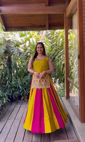 Graceful Yellow Pink Vichitra Silk Navratri Lehenga Choli with Embroidered Shrug Navratri Lehnega Choli