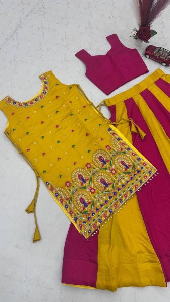 Graceful Yellow Pink Vichitra Silk Navratri Lehenga Choli with Embroidered Shrug Navratri Lehnega Choli