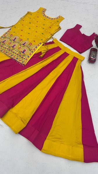 Graceful Yellow Pink Vichitra Silk Navratri Lehenga Choli with Embroidered Shrug Navratri Lehnega Choli