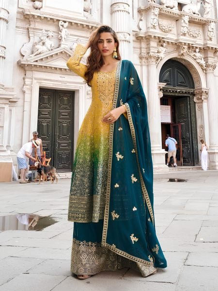 Graceful Yellow Rama Heavy Georgette Printed Top Palazzo Set with Embroidery Work Salwar Kameez