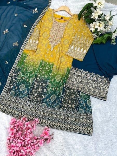 Graceful Yellow Rama Heavy Georgette Printed Top Palazzo Set with Embroidery Work Designer Plazzo Salwar Suits Wholesale
