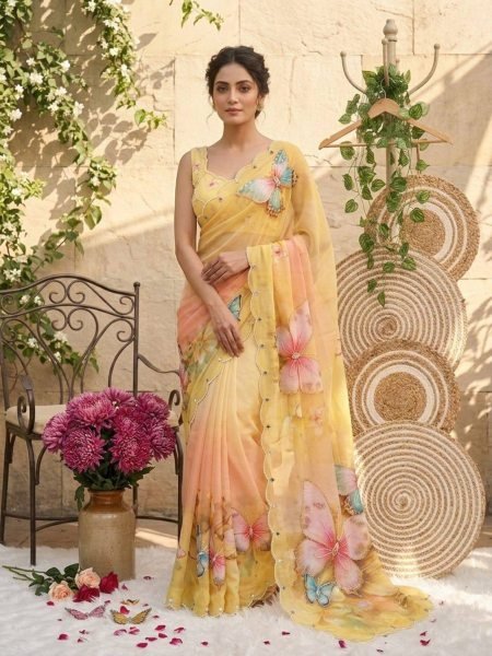 Graceful Yellow Soft Tabby Digital Print Saree with Butterfly Handwork and Designer Blouse Sarees 