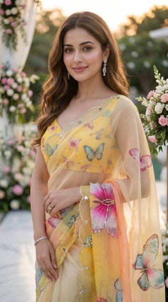 Graceful Yellow Soft Tabby Digital Print Saree with Butterfly Handwork and Designer Blouse Printed Cotton Sarees Wholesale