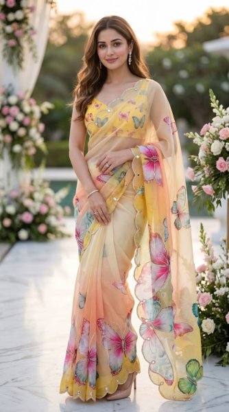 Graceful Yellow Soft Tabby Digital Print Saree with Butterfly Handwork and Designer Blouse Printed Cotton Sarees Wholesale