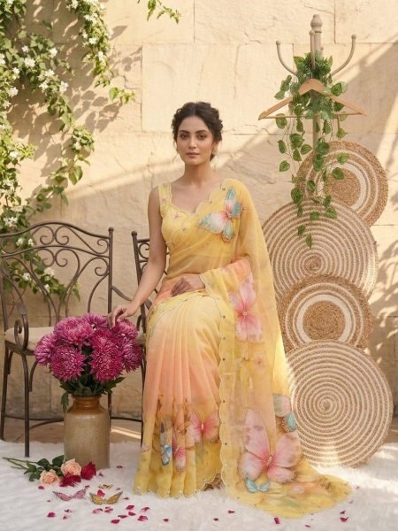 Graceful Yellow Soft Tabby Digital Print Saree with Butterfly Handwork and Designer Blouse Printed Cotton Sarees Wholesale