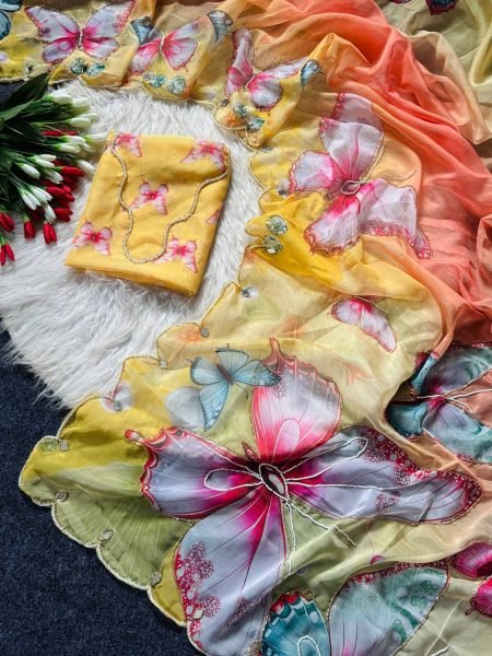 Graceful Yellow Soft Tabby Digital Print Saree with Butterfly Handwork and Designer Blouse Printed Cotton Sarees Wholesale