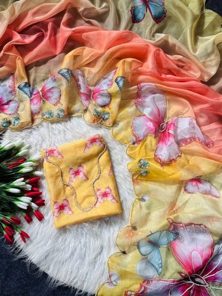 Graceful Yellow Soft Tabby Digital Print Saree with Butterfly Handwork and Designer Blouse Printed Cotton Sarees Wholesale