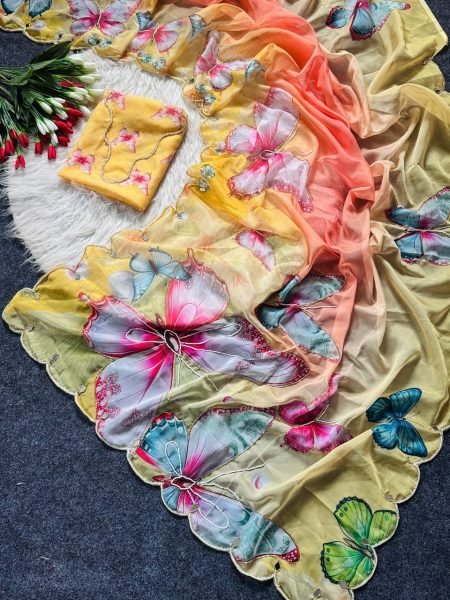 Graceful Yellow Soft Tabby Digital Print Saree with Butterfly Handwork and Designer Blouse Printed Cotton Sarees Wholesale