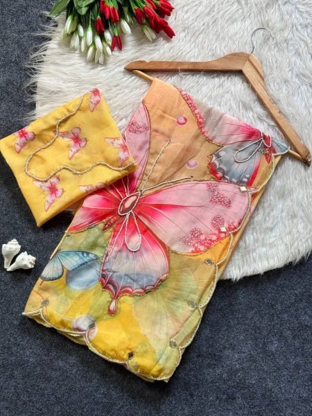 Graceful Yellow Soft Tabby Digital Print Saree with Butterfly Handwork and Designer Blouse Printed Cotton Sarees Wholesale