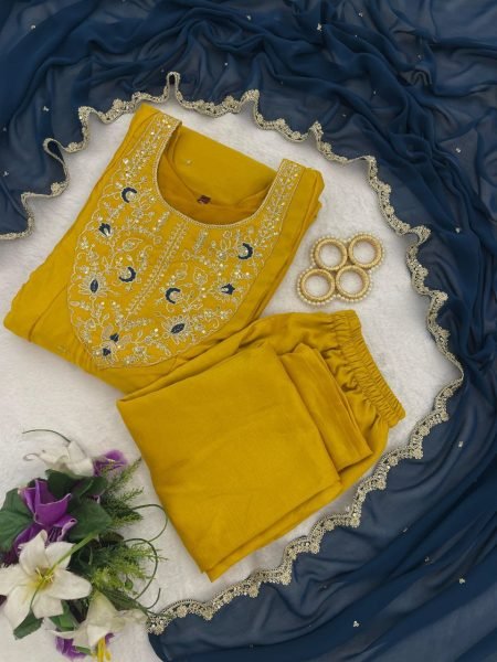 Graceful Yellow Stitched Anarkali Kurti Pent and Dupatta with Elegant Embroidery for Wedding Wear Anarkali Kurtis 