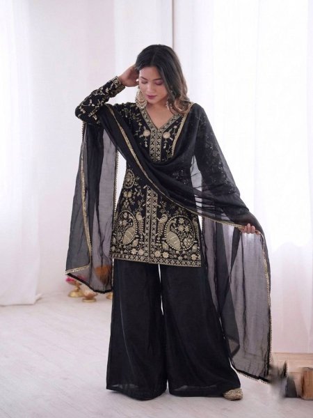 Grand Black Embroidery Sequence Sharara Suit for Special Occasions  Ready To Wear Suit
