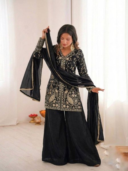 Grand Black Embroidery Sequence Sharara Suit for Special Occasions  Ready To Wear Collection