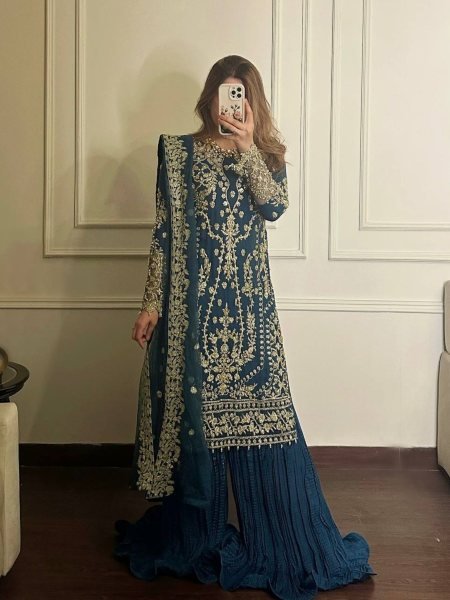 Grand Blue Heavy Faux Georgette Embroidered Palazzo Suit Collection for Special Occasions and Celebrations Ready To Wear Suit