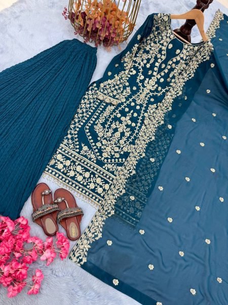 Grand Blue Heavy Faux Georgette Embroidered Palazzo Suit Collection for Special Occasions and Celebrations Ready To Wear Collection