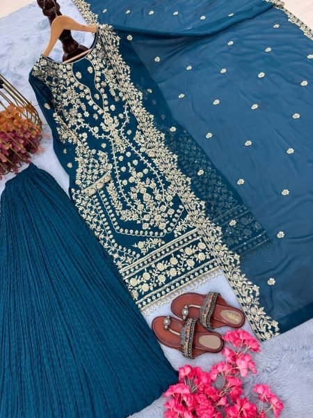 Grand Blue Heavy Faux Georgette Embroidered Palazzo Suit Collection for Special Occasions and Celebrations Ready To Wear Collection